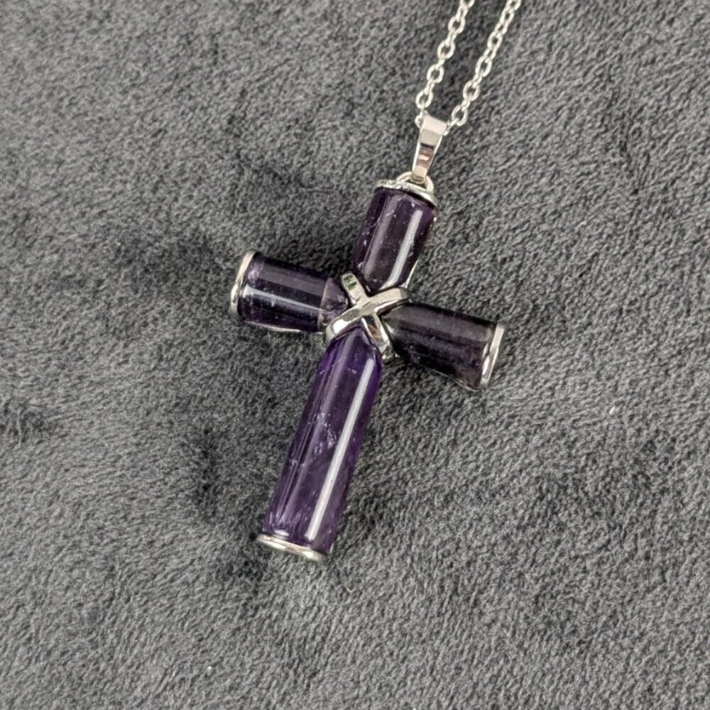 Amethyst and silver color cross pendant, free chain, unisex women men